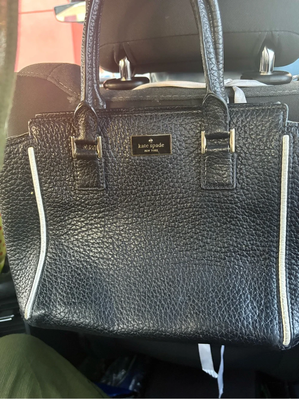 kate spade Black Pebbled Leather Satchel with Cream Contrast Trim